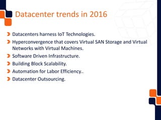 Byte
Datacenter trends in 2016
Datacenters harness IoT Technologies.
Hyperconvergence that covers Virtual SAN Storage and Virtual
Networks with Virtual Machines.
Software Driven Infrastructure.
Building Block Scalability.
Automation for Labor Efficiency..
Datacenter Outsourcing.
 