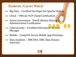 Students /Career Watch
 Big Data – Certified Developer for Apache Hadoop
 Cloud – VMware VCP-Cloud Certification
 Access Governance - Novell Identity Manager
  Administration Certification
 Cybersecurity – Certified Information Security
  Manager
 Mobile – CompTIA Secure Mobile App Developer
 Data Analytics – EMCDSA, EMC Data Science
  Associate
 
