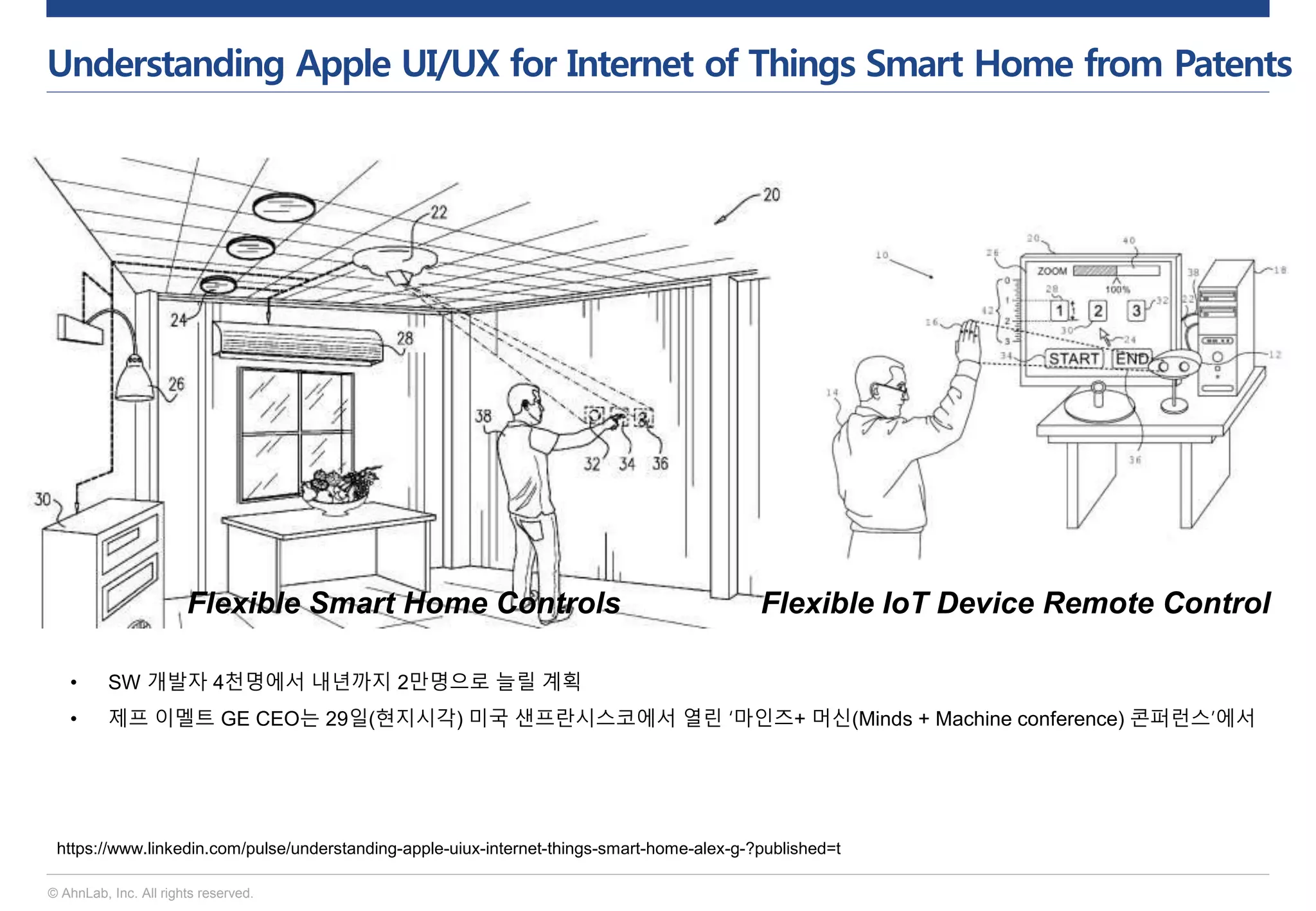 © AhnLab, Inc. All rights reserved.
Understanding Apple UI/UX for Internet of Things Smart Home from Patents
https://www.linkedin.com/pulse/understanding-apple-uiux-internet-things-smart-home-alex-g-?published=t
• SW 개발자 4천명에서 내년까지 2만명으로 늘릴 계획
• 제프 이멜트 GE CEO는 29일(현지시각) 미국 샌프란시스코에서 열린 ‘마인즈+ 머신(Minds + Machine conference) 콘퍼런스’에서
Flexible Smart Home Controls Flexible IoT Device Remote Control
 