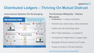 Distributed Ledgers – Thriving On Mutual Distrust
• Institutions –> reduce uncertainty
• Informal rules, formal rules, onl...