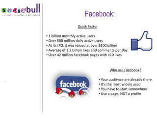 Facebook:
                       Quick Facts:

    • 1 billion monthly active users
    • Over 500 million daily active users
    • At its IPO, it was valued at over $100 billion
    • Average of 3.2 billion likes and comments per day
    • Over 42 million Facebook pages with >10 likes


                                            Why use Facebook?

                                      • Your audience are already there
“
                                      • It’s the most widely used
                                      • You have to start somewhere!
                                      • Use a page, NOT a profile
 