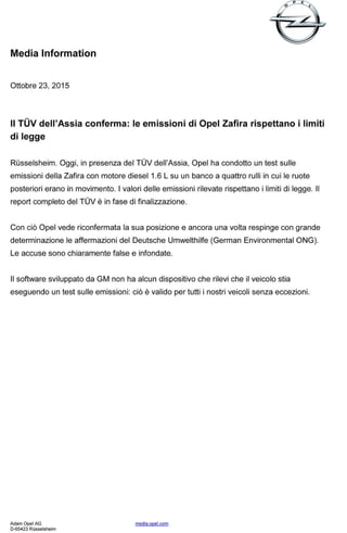 Il TÜV dell’Assia conferma: le emissioni di Opel Zafira rispettano i limiti di legge