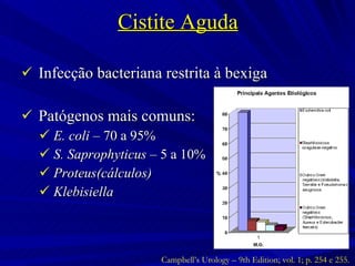 Cistite Aguda Infecção bacteriana restrita à bexiga Patógenos mais comuns: E. coli  – 70 a 95% S. Saprophyticus  – 5 a 10% Proteus(cálculos) Klebisiella Campbell’s Urology – 9th Edition; vol. 1; p. 254 e 255. 
