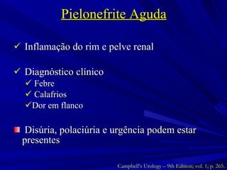 Pielonefrite Aguda Inflamação do rim e pelve renal Diagnóstico clínico  Febre Calafrios Dor em flanco Disúria, polaciúria e urgência podem estar presentes Campbell’s Urology – 9th Edition; vol. 1; p. 265. 