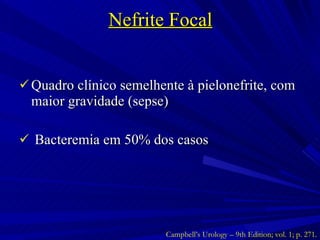 Nefrite Focal Quadro clínico semelhente à pielonefrite, com maior gravidade (sepse) Bacteremia em 50% dos casos Campbell’s Urology – 9th Edition; vol. 1; p. 271. 