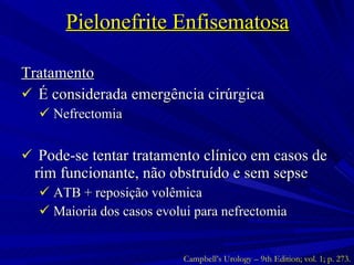 Pielonefrite Enfisematosa Tratamento É considerada emergência cirúrgica Nefrectomia Pode-se tentar tratamento clínico em casos de rim funcionante, não obstruído e sem sepse ATB + reposição volêmica  Maioria dos casos evolui para nefrectomia Campbell’s Urology – 9th Edition; vol. 1; p. 273. 