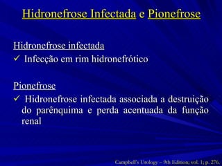 Hidronefrose Infectada  e  Pionefrose Hidronefrose infectada Infecção em rim hidronefrótico Pionefrose Hidronefrose infectada associada a destruição do parênquima e perda acentuada da função renal Campbell’s Urology – 9th Edition; vol. 1; p. 276. 