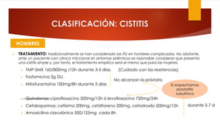CLASIFICACIÓN: CISTITIS
Ø TRATAMIENTO: tradicionalmente se han considerado las ITU en hombres complicadas. No obstante,
ante un paciente con clínica miccional sin síntomas sistémicos es razonable considerar que presenta
una cistitis simple y, por tanto, el tratamiento empírico será el mismo que para las mujeres:
Ø TMP-SMX 160/800mg /12h durante 3-5 días. (Cuidado con las resistencias).
Ø Fosfomicina 3g DU.
Ø Nitrofurantoína 100mg/8h durante 5 días
Ø Quinolonas: ciprofloxacino 500mg/12h ó levofloxacino 750mg/24h
Ø Cefalosporinas: cefixima 200mg, cefditoreno 200mg, cefadroxilo 500mg/12h
Ø Amoxicilina clavulánico 500/125mg cada 8h
HOMBRES
No alcanzan la próstata
Si sospechamos
prostatitis
subclínica
durante 5-7 d
 