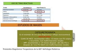 USO DE TIRAS REACTIVAS
Protocolos Diagnóstico Terapeúticos de la AEP: Nefrología Pediátrica
ESTUDIOS DE IMAGEN
Ecografia renal
Cistografía :
uretrocistografía
miccional (UCG) ,
cistografía isotópica
directa (CID)
Cintigrama renal
TC99-DMSA (acido
dimercaptosuccinico)
CISTEURETROGRAFIA
Es el estándar de oro para diagnosticar reflujo vesicoureteral.
INDICACIONES:
- GUIAS DE NICE: recomiendan niños <6 meses con ITU atípica
o recurrente. Con malformaciones renales
- APP: recomiendan 2-24 meses después del 2do ITU o
después de 1era ITU febril con malformaciones renales
 