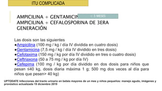 Las dosis son las siguientes
●Ampicilina (100 mg / kg / día IV dividida en cuatro dosis)
●Gentamicina (7,5 mg / kg / día IV dividido en tres dosis)
●Cefotaxima (150 mg / kg por día IV dividido en tres o cuatro dosis)
●Ceftriaxona (50 a 75 mg / kg por día IV)
●Cefepima (100 mg / kg por día dividido en dos dosis para niños que
pesan ≤40 kg, dosis diaria máxima 1 g; 500 mg dos veces al día para
niños que pesen> 40 kg)
ITU COMPLICADA
AMPICILINA + GENTAMICINA
AMPICILINA + CEFALOSPORINA DE 3ERA
GENERACIÓN
< 3 MESES
UPTODATE Infecciones del tracto urinario en bebés mayores de un mes y niños pequeños: manejo agudo, imágenes y
pronóstico actualizada 19 diciembre 2019
 