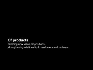 Of products
Creating new value propositions,
strengthening relationship to customers and partners.
 