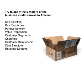 Try to apply the 9 factors of the
business model canvas to Amazon

Key Activities
Key Resources
Partner Network
Value Proposition
Customer Segments
Channels
Customer Relationship
Cost Structure
Revenue Streams
 