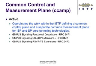Common Control and
Measurement Plane (ccamp)
 Active
   Coordinates the work within the IETF defining a common
   control plane and a separate common measurement plane
   for ISP and SP core tunneling technologies.
   GMPLS Signaling Functional Description - RFC 3471
   GMPLS Signaling CR-LDP Extensions - RFC 3472
   GMPLS Signaling RSVP-TE Extensions - RFC 3473




                          Workshop on end-to-end QoS.
                          What is it? How do We Get It?
 
