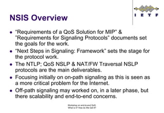 NSIS Overview
 “Requirements of a QoS Solution for MIP” &
 ”Requirements for Signaling Protocols” documents set
 the goals for the work.
 “Next Steps in Signaling: Framework” sets the stage for
 the protocol work.
 The NTLP; QoS NSLP & NAT/FW Traversal NSLP
 protocols are the main deliverables.
 Focusing initially on on-path signaling as this is seen as
 a more critical problem for the Internet.
 Off-path signaling may worked on, in a later phase, but
 there scalability and end-to-end concerns.
                       Workshop on end-to-end QoS.
                       What is it? How do We Get It?
 