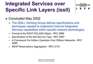 Integrated Services over
Specific Link Layers (issll)
 Concluded May 2002
  The ISSLL Working Group defines specifications and
  techniques needed to implement Internet Integrated
  Services capabilities within specific network technologies.
  Format of the RSVP DCLASS Object - RFC 2996
  Specification of the Null Service Type - RFC 2997
  A Framework For IntServ Operation Over Diffserv Networks - RFC
  2998
  RSVP Reservations Aggregation - RFC 3175




                         Workshop on end-to-end QoS.
                         What is it? How do We Get It?
 