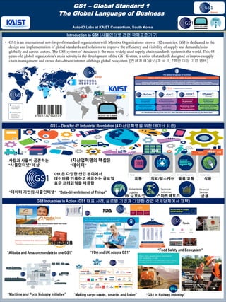 TEMPLATE DESIGN © 2008
www.PosterPresentations.com
GS1 – Global Standard 1
The Global Language of Business
GS1 – Data for 4th Industrial Revolution (4차산업혁명을 위한 데이터 표준)
Introduction to GS1 (사물인터넷 관련 국제표준기구)
• GS1 is an international not-for-profit standard organization with Member Organizations in over 112 countries. GS1 is dedicated to the
design and implementation of global standards and solutions to improve the efficiency and visibility of supply and demand chains
globally and across sectors. The GS1 system of standards is the most widely used supply chain standards system in the world. This 44-
years-old global organization’s main activity is the development of the GS1 System, a series of standards designed to improve supply
chain management and create data-driven internet of things global ecosystem. [전세계 112(155)개 국가, 2백만 이상 기업 멤버]
Auto-ID Labs at KAIST Consortium, South Korea
GS1 은 다양한 산업 분야에서
데이터를 기록하고 공유하는 글로벌
표준 프레임웍을 제공함
사람과 사물이 공존하는
“사물인터넷” 세상
“데이터 기반의 사물인터넷“ “Data-driven Internet of Things”
4차산업혁명의 핵심은
“데이터”
Humanitarian
Logistics
“Maritime and Ports Industry Initiative” “Making cargo easier, smarter and faster”
Foods
“GS1 in Railway Industry”
”Alibaba and Amazon mandate to use GS1” “FDA and UK adopts GS1”
“Food Safety and Ecosystem”
GS1 Industries in Action (GS1 대표 사례, 글로벌 기업과 다양한 산업 국제단체에서 채택)
유통 의료/헬스케어 물류/교통 식품
UN 구호사업 스마트팩토리 금용
 