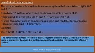 Hexadecimal number system
The hexadecimal number system is a number system that uses sixteen digits: 0–9
and A–F.
It is a base-16 system, where each position represents a power of 16.
• Digits used: 0–9 (for values 0–9) and A–F (for values 10–15).
• Hex is commonly used in computers as a short and readable form of binary,
because 1 hex digit = 4 binary bits.
Example:
3A₁₆ = (3×16) + (10×1) = 48 + 10 = 58₁₀
Where structure meets performance!
The hexadecimal number system is a base-16 system that uses digits 0–9 and A–F, widely
used in computing because it provides a compact and readable representation of binary
values
 