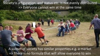 Society is a figuration, and status etc. is not evenly distributed
=> Everyone cannot win at the same time
A subset of society has similar properties e.g. a market
=> There is no formula that will allow everyone to win
 