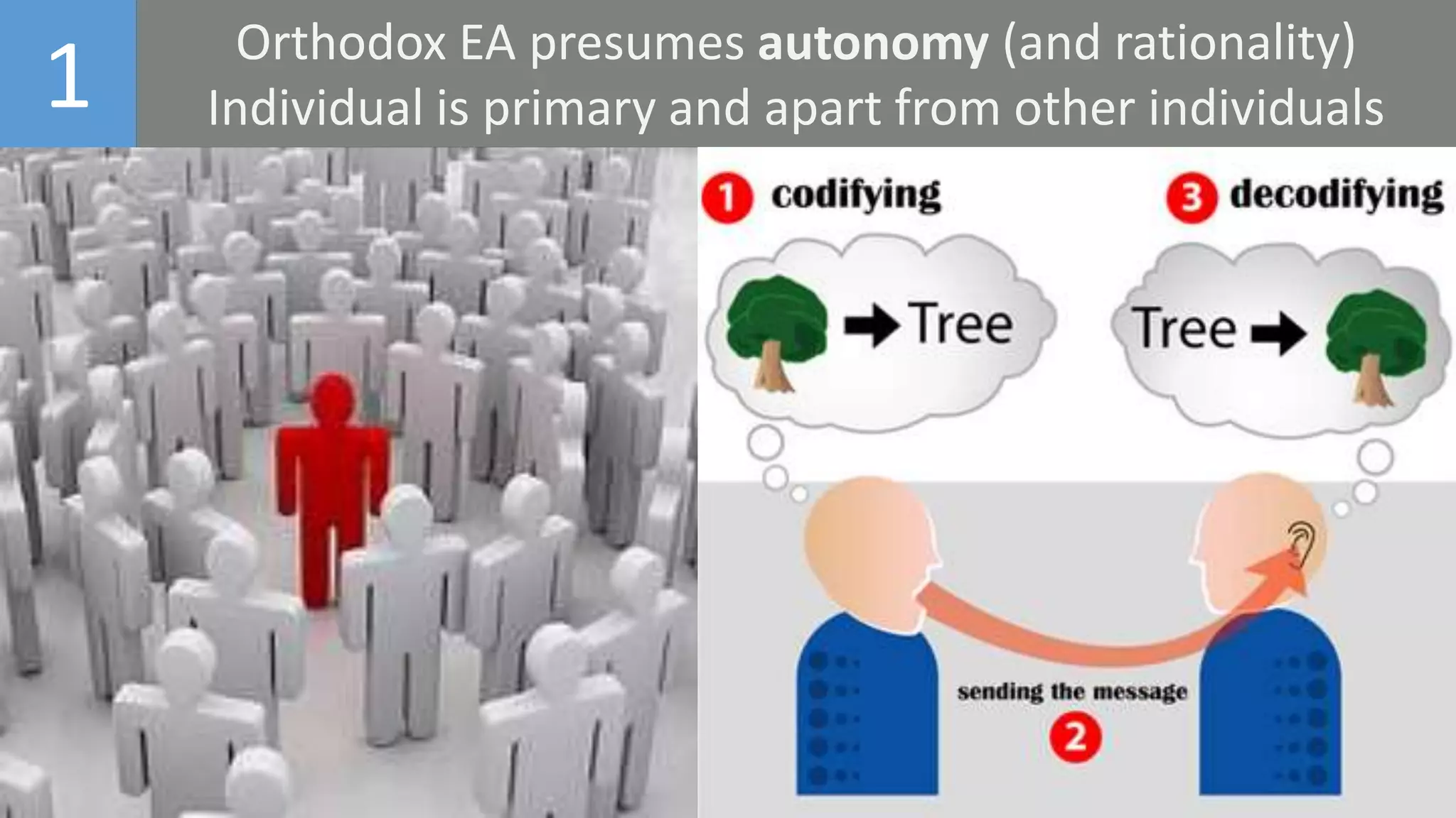 1 Orthodox EA presumes autonomy (and rationality)
Individual is primary and apart from other individuals
 