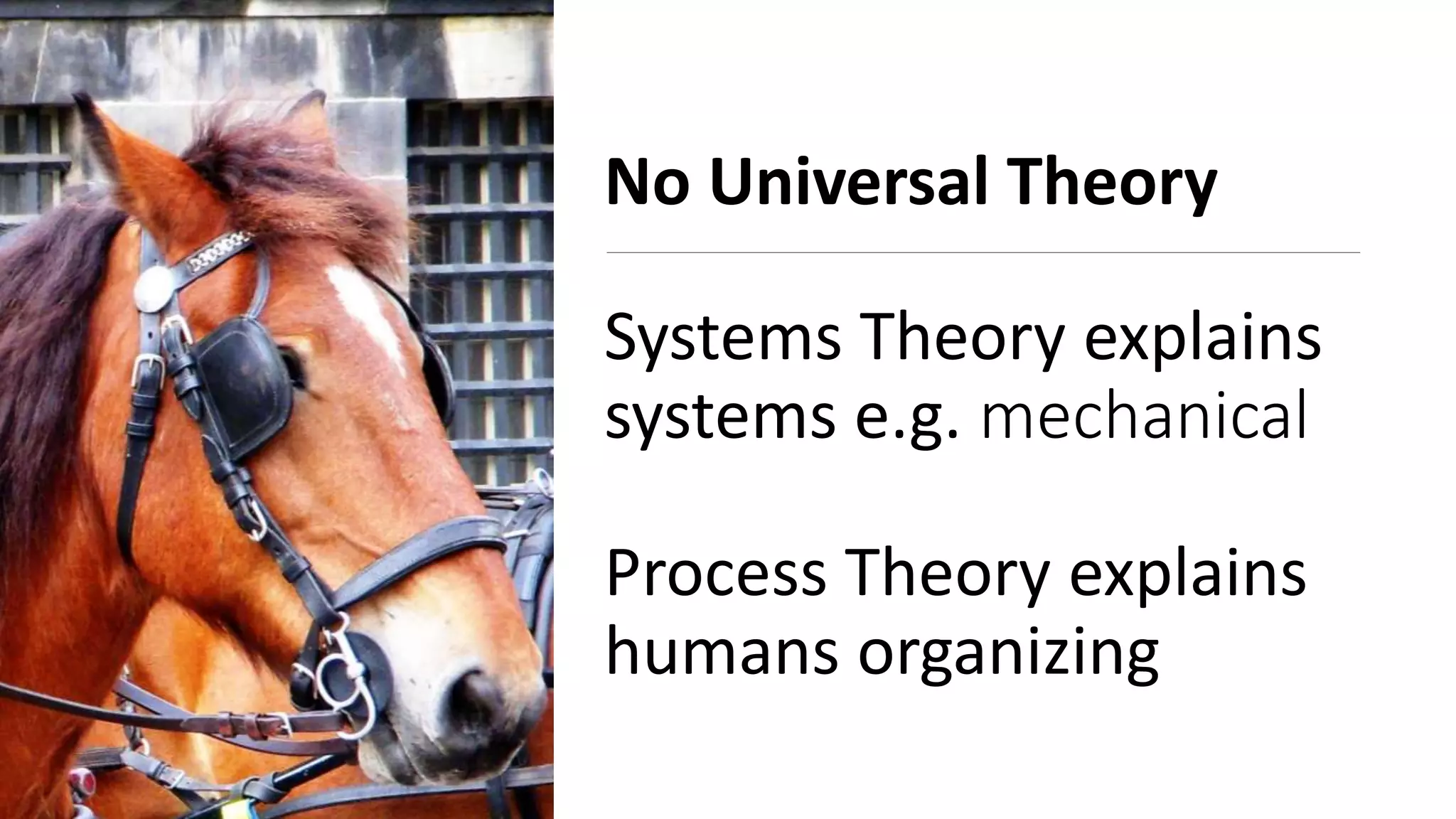 No Universal Theory
Systems Theory explains
systems e.g. mechanical
Process Theory explains
humans organizing
 
