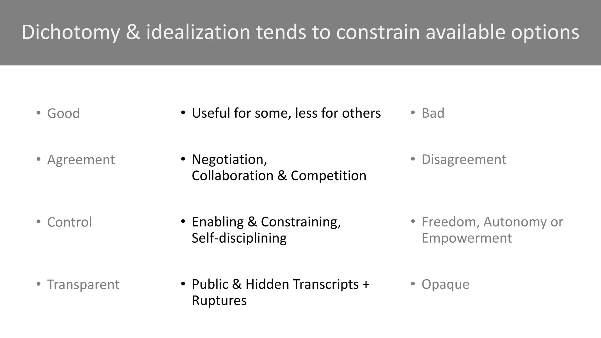 Dichotomy & idealization tends to constrain available options
• Good
• Agreement
• Control
• Transparent
• Bad
• Disagreement
• Freedom, Autonomy or
Empowerment
• Opaque
• Useful for some, less for others
• Negotiation,
Collaboration & Competition
• Enabling & Constraining,
Self-disciplining
• Public & Hidden Transcripts +
Ruptures
 