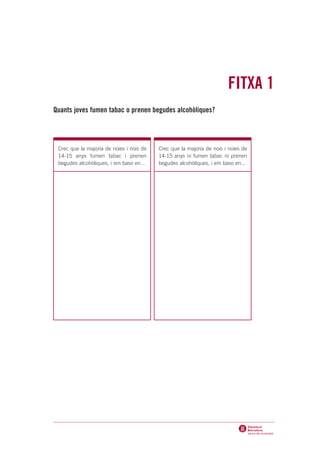 FITXA 1
Quants joves fumen tabac o prenen begudes alcohòliques?




 Crec que la majoria de noies i nois de   Crec que la majoria de nois i noies de
 14-15 anys fumen tabac i prenen          14-15 anys ni fumen tabac ni prenen
 begudes alcohòliques, i em baso en...    begudes alcohòliques, i em baso en...
 