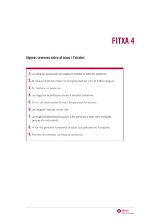 FITXA 4
Algunes creences sobre el tabac i l’alcohol



 1. Les drogues produeixen els mateixos efectes en totes les persones.
 2. El consum d’alcohol i tabac no comporta tant risc com el d’altres drogues.
 3. Si controles, no passa res.
 4. Les begudes alcohòliques ajuden a resoldre problemes.
 5. El fum del tabac només fa mal a les persones fumadores.
 6. Les drogues naturals no fan mal.
 7. Les begudes alcohòliques ajuden a les persones a estar més animades
    perquè són estimulants.

 8. Hi ha més persones fumadores de tabac que persones no fumadores.
 9. Prendre tres cerveses no afecta la conducció.
 