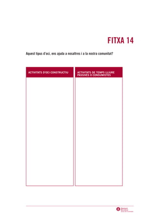 FITXA 14
Aquest tipus d’oci, ens ajuda a nosaltres i a la nostra comunitat?




 ACTIVITATS D’OCI CONSTRUCTIU         ACTIVITATS DE TEMPS LLIURE
                                      PASSIVES O CONSUMISTES
 