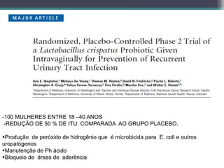 -100 MULHERES ENTRE 18 –40 ANOS
-REDUÇÃO DE 50 % DE ITU COMPARADA AO GRUPO PLACEBO.
Produção de peróxido de hidrogênio que é microbicida para E. coli e outros
uropatógenos
Manutenção de Ph ácido
Bloqueio de áreas de aderência
• somente um estudo mostrou benef’icios
 Pro ducao depeoxido de hidrogenio
 