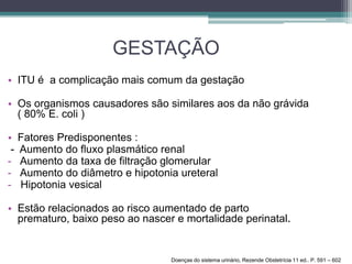 GESTAÇÃO
• ITU é a complicação mais comum da gestação
• Os organismos causadores são similares aos da não grávida
( 80% E. coli )
• Fatores Predisponentes :
- Aumento do fluxo plasmático renal
- Aumento da taxa de filtração glomerular
- Aumento do diâmetro e hipotonia ureteral
- Hipotonia vesical
• Estão relacionados ao risco aumentado de parto
prematuro, baixo peso ao nascer e mortalidade perinatal.
Doenças do sistema urinário, Rezende Obstetrícia 11 ed.. P. 591 – 602
 
