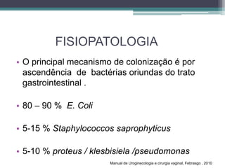 FISIOPATOLOGIA
• O principal mecanismo de colonização é por
ascendência de bactérias oriundas do trato
gastrointestinal .
• 80 – 90 % E. Coli
• 5-15 % Staphylococcos saprophyticus
• 5-10 % proteus / klesbisiela /pseudomonas
Manual de Uroginecologia e cirurgia vaginal, Febrasgo , 2010
 