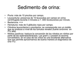 Sedimento de orina: Piuria: más de 10 piocitos por campo.  Leucocituria: presencia de 10 leucocitos por campo en orina centrifugada durante 3 minutos a 1 .500 revoluciones por minuto. Bacteriuria: +++ Hematuria: más de 5 glóbulos rojos por campo.  Cilindros leucocitarios o piocitarios: se corresponde con un molde que se produce a nivel de los túmulos renales (fuerte sinónimo  en ITU alta) Nitritos positivos: traduce la conversión de los nitratos en nitritos por parte de las enterobacteráceas. Los gram (-) poseen la enzima convertidora. En el caso de los niños es una excelente alternativa que nos permite aproximarnos de buena manera al diagnóstico de una ITU.  