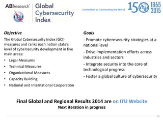 Committed to Connecting the World
Objective
The Global Cybersecurity Index (GCI)
measures and ranks each nation state’s
level of cybersecurity development in five
main areas:
• Legal Measures
• Technical Measures
• Organizational Measures
• Capacity Building
• National and International Cooperation
Goals
- Promote cyberesecurity strategies at a
national level
- Drive implementation efforts across
industries and sectors
- Integrate security into the core of
technological progress
- Foster a global culture of cybersecurity
13
Final Global and Regional Results 2014 are on ITU Website
Next iteration in progress
 