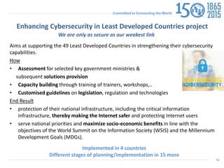Committed to Connecting the World
14
Enhancing Cybersecurity in Least Developed Countries project
Aims at supporting the 49 Least Developed Countries in strengthening their cybersecurity
capabilities.
How
• Assessment for selected key government ministries &
subsequent solutions provision
• Capacity building through training of trainers, workshops,..
• Customised guidelines on legislation, regulation and technologies
End Result
• protection of their national infrastructure, including the critical information
infrastructure, thereby making the Internet safer and protecting Internet users
• serve national priorities and maximize socio-economic benefits in line with the
objectives of the World Summit on the Information Society (WSIS) and the Millennium
Development Goals (MDGs).
We are only as secure as our weakest link
Implemented in 4 countries
Different stages of planning/implementation in 15 more
 