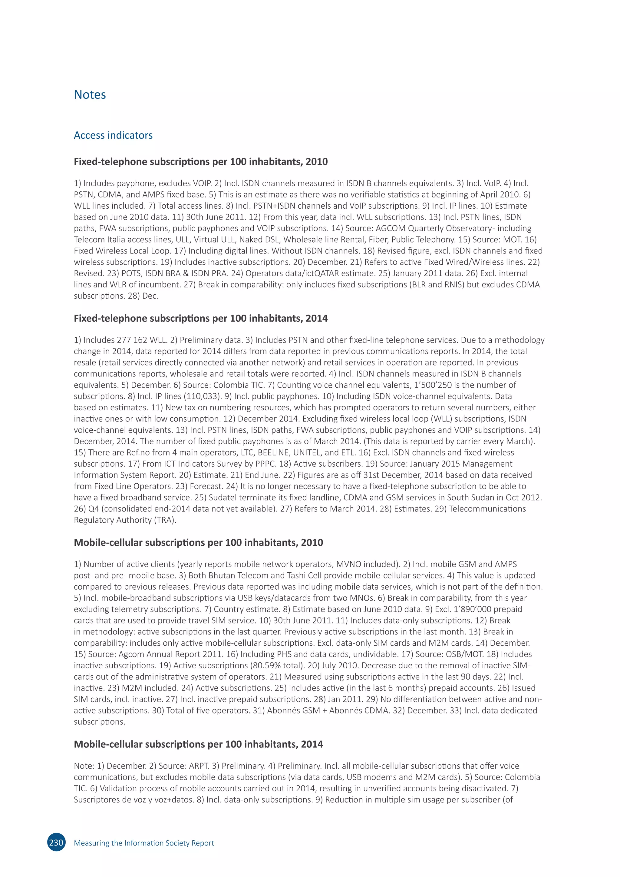 Notes
Access indicators
Fixed-telephone subscriptions per 100 inhabitants, 2010
1) Includes payphone, excludes VOIP. 2) Incl. ISDN channels measured in ISDN B channels equivalents. 3) Incl. VoIP. 4) Incl.
PSTN, CDMA, and AMPS fixed base. 5) This is an estimate as there was no verifiable statistics at beginning of April 2010. 6)
WLL lines included. 7) Total access lines. 8) Incl. PSTN+ISDN channels and VoIP subscriptions. 9) Incl. IP lines. 10) Estimate
based on June 2010 data. 11) 30th June 2011. 12) From this year, data incl. WLL subscriptions. 13) Incl. PSTN lines, ISDN
paths, FWA subscriptions, public payphones and VOIP subscriptions. 14) Source: AGCOM Quarterly Observatory- including
Telecom Italia access lines, ULL, Virtual ULL, Naked DSL, Wholesale line Rental, Fiber, Public Telephony. 15) Source: MOT. 16)
Fixed Wireless Local Loop. 17) Including digital lines. Without ISDN channels. 18) Revised figure, excl. ISDN channels and fixed
wireless subscriptions. 19) Includes inactive subscriptions. 20) December. 21) Refers to active Fixed Wired/Wireless lines. 22)
Revised. 23) POTS, ISDN BRA  ISDN PRA. 24) Operators data/ictQATAR estimate. 25) January 2011 data. 26) Excl. internal
lines and WLR of incumbent. 27) Break in comparability: only includes fixed subscriptions (BLR and RNIS) but excludes CDMA
subscriptions. 28) Dec.
Fixed-telephone subscriptions per 100 inhabitants, 2014
1) Includes 277 162 WLL. 2) Preliminary data. 3) Includes PSTN and other fixed-line telephone services. Due to a methodology
change in 2014, data reported for 2014 differs from data reported in previous communications reports. In 2014, the total
resale (retail services directly connected via another network) and retail services in operation are reported. In previous
communications reports, wholesale and retail totals were reported. 4) Incl. ISDN channels measured in ISDN B channels
equivalents. 5) December. 6) Source: Colombia TIC. 7) Counting voice channel equivalents, 1’500’250 is the number of
subscriptions. 8) Incl. IP lines (110,033). 9) Incl. public payphones. 10) Including ISDN voice-channel equivalents. Data
based on estimates. 11) New tax on numbering resources, which has prompted operators to return several numbers, either
inactive ones or with low consumption. 12) December 2014. Excluding fixed wireless local loop (WLL) subscriptions, ISDN
voice-channel equivalents. 13) Incl. PSTN lines, ISDN paths, FWA subscriptions, public payphones and VOIP subscriptions. 14)
December, 2014. The number of fixed public payphones is as of March 2014. (This data is reported by carrier every March).
15) There are Ref.no from 4 main operators, LTC, BEELINE, UNITEL, and ETL. 16) Excl. ISDN channels and fixed wireless
subscriptions. 17) From ICT Indicators Survey by PPPC. 18) Active subscribers. 19) Source: January 2015 Management
Information System Report. 20) Estimate. 21) End June. 22) Figures are as off 31st December, 2014 based on data received
from Fixed Line Operators. 23) Forecast. 24) It is no longer necessary to have a fixed-telephone subscription to be able to
have a fixed broadband service. 25) Sudatel terminate its fixed landline, CDMA and GSM services in South Sudan in Oct 2012.
26) Q4 (consolidated end-2014 data not yet available). 27) Refers to March 2014. 28) Estimates. 29) Telecommunications
Regulatory Authority (TRA).
Mobile-cellular subscriptions per 100 inhabitants, 2010
1) Number of active clients (yearly reports mobile network operators, MVNO included). 2) Incl. mobile GSM and AMPS
post- and pre- mobile base. 3) Both Bhutan Telecom and Tashi Cell provide mobile-cellular services. 4) This value is updated
compared to previous releases. Previous data reported was including mobile data services, which is not part of the definition.
5) Incl. mobile-broadband subscriptions via USB keys/datacards from two MNOs. 6) Break in comparability, from this year
excluding telemetry subscriptions. 7) Country estimate. 8) Estimate based on June 2010 data. 9) Excl. 1’890’000 prepaid
cards that are used to provide travel SIM service. 10) 30th June 2011. 11) Includes data-only subscriptions. 12) Break
in methodology: active subscriptions in the last quarter. Previously active subscriptions in the last month. 13) Break in
comparability: includes only active mobile-cellular subscriptions. Excl. data-only SIM cards and M2M cards. 14) December.
15) Source: Agcom Annual Report 2011. 16) Including PHS and data cards, undividable. 17) Source: OSB/MOT. 18) Includes
inactive subscriptions. 19) Active subscriptions (80.59% total). 20) July 2010. Decrease due to the removal of inactive SIM-
cards out of the administrative system of operators. 21) Measured using subscriptions active in the last 90 days. 22) Incl.
inactive. 23) M2M included. 24) Active subscriptions. 25) includes active (in the last 6 months) prepaid accounts. 26) Issued
SIM cards, incl. inactive. 27) Incl. inactive prepaid subscriptions. 28) Jan 2011. 29) No differentiation between active and non-
active subscriptions. 30) Total of five operators. 31) Abonnés GSM + Abonnés CDMA. 32) December. 33) Incl. data dedicated
subscriptions.
Mobile-cellular subscriptions per 100 inhabitants, 2014
Note: 1) December. 2) Source: ARPT. 3) Preliminary. 4) Preliminary. Incl. all mobile-cellular subscriptions that offer voice
communications, but excludes mobile data subscriptions (via data cards, USB modems and M2M cards). 5) Source: Colombia
TIC. 6) Validation process of mobile accounts carried out in 2014, resulting in unverified accounts being disactivated. 7)
Suscriptores de voz y voz+datos. 8) Incl. data-only subscriptions. 9) Reduction in multiple sim usage per subscriber (of
230 Measuring the Information Society Report
 
