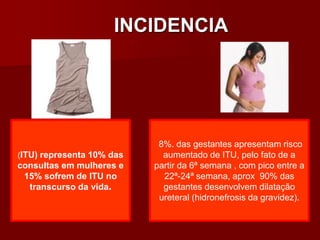 INCIDENCIA
(ITU) representa 10% das
consultas em mulheres e
15% sofrem de ITU no
transcurso da vida.
8%. das gestantes apresentam risco
aumentado de ITU, pelo fato de a
partir da 6ª semana , com pico entre a
22ª-24ª semana, aprox 90% das
gestantes desenvolvem dilatação
ureteral (hidronefrosis da gravidez).
 