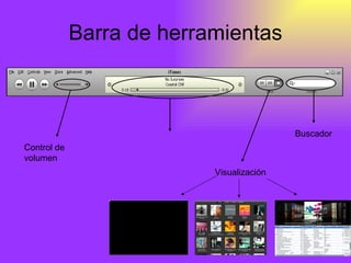 Barra de herramientas Control de volumen Buscador Visualización 