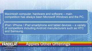 Macintosh computer, hardware and software – main
competition has always been Microsoft Windows and the PC.

iPod / iPhone ...