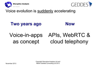 Voice evolution is suddenly accelerating

Two years ago

Now

Voice-in-apps
as concept

APIs, WebRTC &
cloud telephony

No...