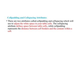 Cellpadding and Cellspacing Attributes
• There are two attributes called cellpadding and cellspacing which will
use to adjust the white space in your table cells. The cellspacing
attribute defines space between table cells, while cellpadding
represents the distance between cell borders and the content within a
cell.
 