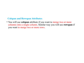Colspan and Rowspan Attributes
• You will use colspan attribute if you want to merge two or more
columns into a single column. Similar way you will use rowspan if
you want to merge two or more rows.
 