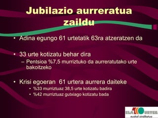 Jubilazio aurreratua
           zaildu
• Adina egungo 61 urtetatik 63ra atzeratzen da

• 33 urte kotizatu behar dira
  – Pentsioa %7,5 murriztuko da aurreratutako urte
    bakoitzeko

• Krisi egoeran 61 urtera aurrera daiteke
     • %33 murriztuaz 38,5 urte kotizatu badira
     • %42 murriztuaz gutxiago kotizatu bada
 