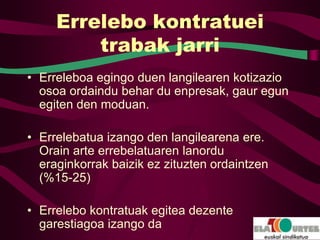 Errelebo kontratuei
         trabak jarri
• Erreleboa egingo duen langilearen kotizazio
  osoa ordaindu behar du enpresak, gaur egun
  egiten den moduan.

• Errelebatua izango den langilearena ere.
  Orain arte errebelatuaren lanordu
  eraginkorrak baizik ez zituzten ordaintzen
  (%15-25)

• Errelebo kontratuak egitea dezente
  garestiagoa izango da
 