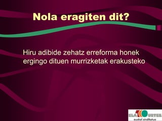 Nola eragiten dit?


Hiru adibide zehatz erreforma honek
ergingo dituen murrizketak erakusteko
 