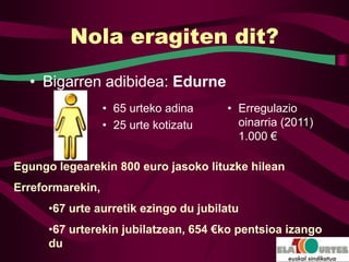 Nola eragiten dit?

  • Bigarren adibidea: Edurne
                  • 65 urteko adina    • Erregulazio
                  • 25 urte kotizatu     oinarria (2011)
                                         1.000 €

Egungo legearekin 800 euro jasoko lituzke hilean
Erreformarekin,
      •67 urte aurretik ezingo du jubilatu
      •67 urterekin jubilatzean, 654 €ko pentsioa izango
      du
 