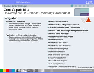 © 2004 IBM Corporation
IBM Software Group
Access and Collaborate
• Interact with customers through a personalized
interface via telephone, world wide web, PDA or
cellular phone to quickly and cost effectively
address their needs
Application and Information Integration
• Manage customers’ account information across
multiple product lines and operating units, utilizing
the information you need, when you need it
Core Capabilities
Contact Center Optimizer
Integration
Delivering the On Demand Operating Environment
• DB2 Universal Database
• DB2 Information Integrator for Content
• Lotus Workplace for Team Collaboration
• Rational ClearCase Change Management Solution
• Rational Rapid Developer
• WebSphere Everyplace Access
• WebSphere Portal
• WebSphere Voice Server
• WebSphere Voice Response
• DB2 Business Intelligence
• DB2 Content Manager
• DB2 Telco Data Warehouse
• Lotus Workplace Family
• Rational Suite Enterprise
• Tivoli Identity Manager
• WebSphere Application Server family *Core Products in BOLD
 