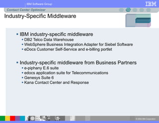 © 2004 IBM Corporation
IBM Software Group
Industry-Specific Middleware
 IBM industry-specific middleware
 DB2 Telco Data Warehouse
 WebSphere Business Integration Adapter for Siebel Software
 eDocs Customer Self-Service and e-billing portlet
 Industry-specific middleware from Business Partners
 e-piphany E.6 suite
 edocs application suite for Telecommunications
 Genesys Suite 6
 Kana Contact Center and Response
Contact Center Optimizer
 