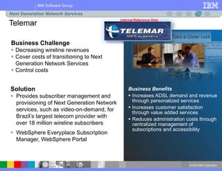 © 2004 IBM Corporation
IBM Software Group
Business Benefits
 Increases ADSL demand and revenue
through personalized services
 Increases customer satisfaction
through value added services
 Reduces administration costs through
centralized management of
subscriptions and accessibility
Business Challenge
 Decreasing wireline revenues
 Cover costs of transitioning to Next
Generation Network Services
 Control costs
Solution
 Provides subscriber management and
provisioning of Next Generation Network
services, such as video-on-demand, for
Brazil’s largest telecom provider with
over 18 million wireline subscribers
 WebSphere Everyplace Subscription
Manager, WebSphere Portal
Telemar
Next Generation Network Services
Internal Reference Only
 