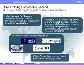 © 2004 IBM Corporation
IBM Software Group
IBM: Helping Customers Succeed
A History of Accomplishments in Telecommunications
14 of the world’s 15 largest
Telecommunications Service
Providers leverage IBM middleware
to run their applications
Within the last 12 months, 16 of the
world’s largest Service Providers
leveraged IBM middleware to more
effectively integrate their
Operational and Business Support
Systems (OSS/BSS)
IBM led the formation and initiatives of:
IBMer Zygmunt Lozinski serves as
president of the Parlay Group
 