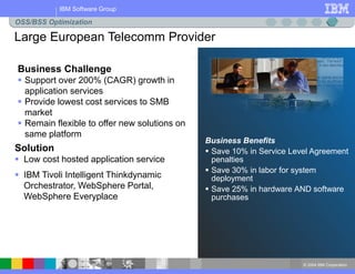 © 2004 IBM Corporation
IBM Software Group
Business Benefits
 Save 10% in Service Level Agreement
penalties
 Save 30% in labor for system
deployment
 Save 25% in hardware AND software
purchases
Business Challenge
 Support over 200% (CAGR) growth in
application services
 Provide lowest cost services to SMB
market
 Remain flexible to offer new solutions on
same platform
Solution
 Low cost hosted application service
 IBM Tivoli Intelligent Thinkdynamic
Orchestrator, WebSphere Portal,
WebSphere Everyplace
Large European Telecomm Provider
OSS/BSS Optimization
 